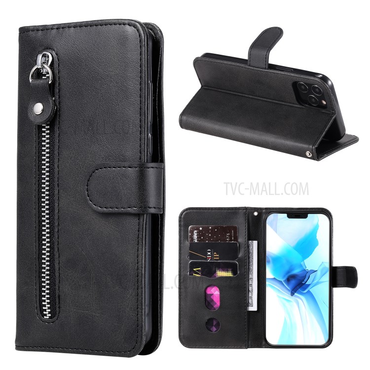 Zipper Pocket Leather Protector Wallet Stand Case for iPhone 12 Pro Max 6.7 inch - Black-1