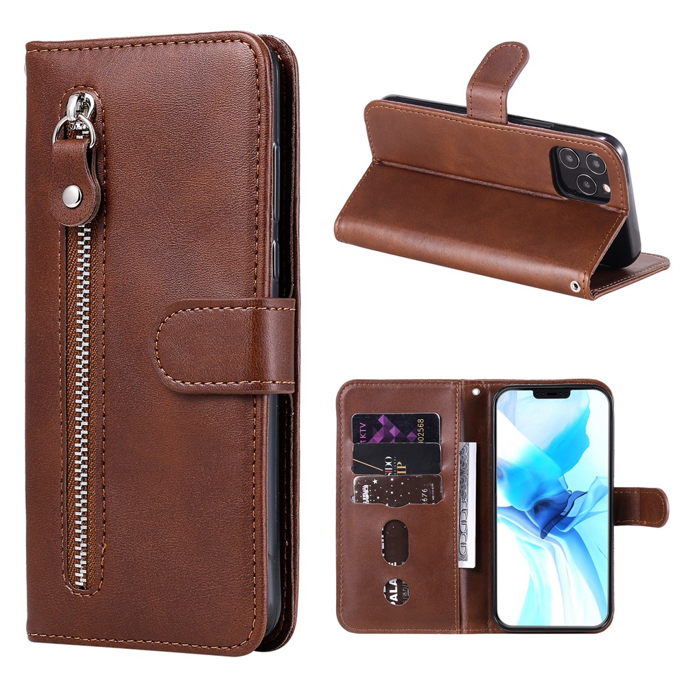 Zipper Pocket Leather Protector Wallet Stand Cover for iPhone 12 Pro/12 - Brown-1