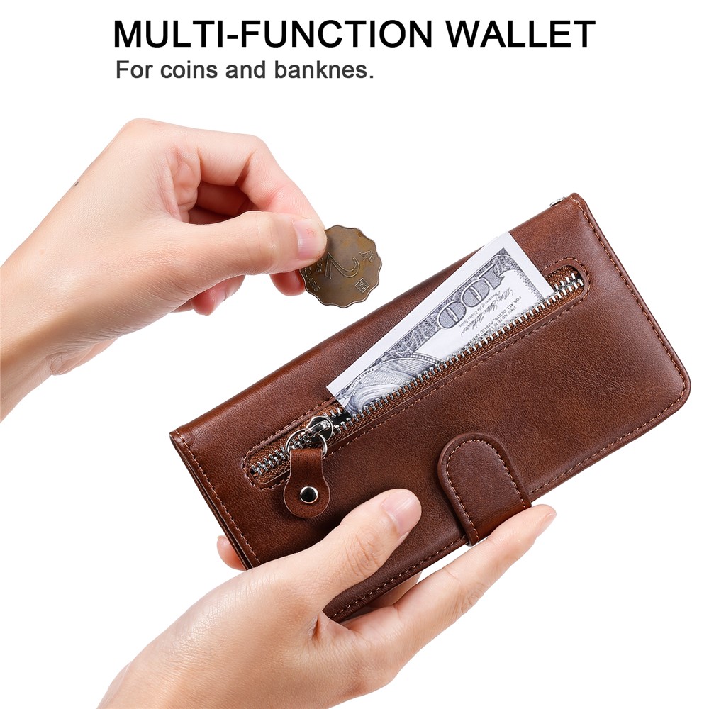 Zipper Pocket Leather Protector Wallet Stand Cover for iPhone 12 Pro/12 - Brown-10