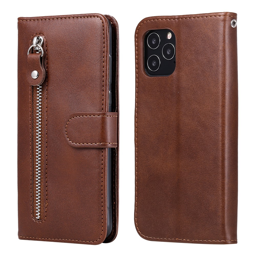 Zipper Pocket Leather Protector Wallet Stand Cover for iPhone 12 Pro/12 - Brown-2