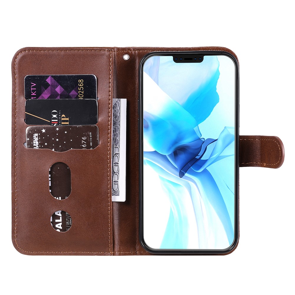 Zipper Pocket Leather Protector Wallet Stand Cover for iPhone 12 Pro/12 - Brown-4