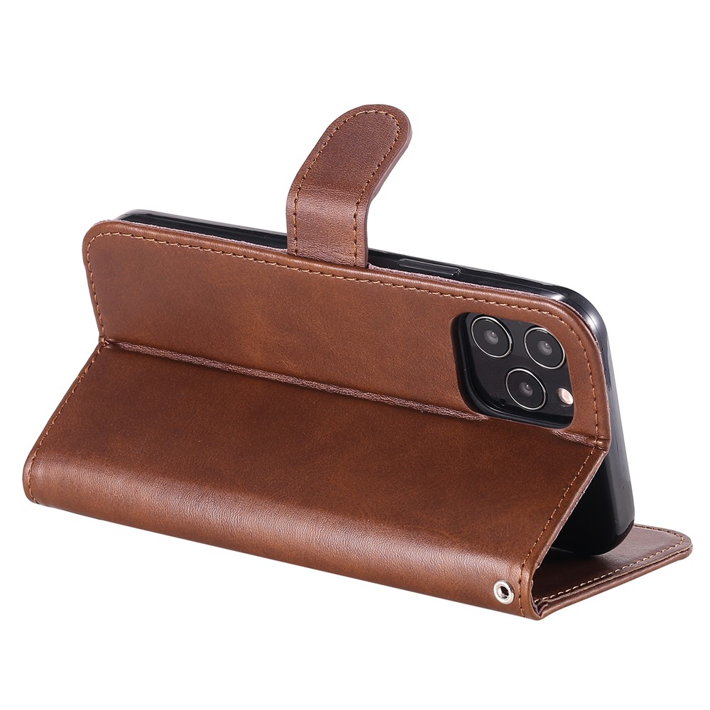 Zipper Pocket Leather Protector Wallet Stand Cover for iPhone 12 Pro/12 - Brown-6