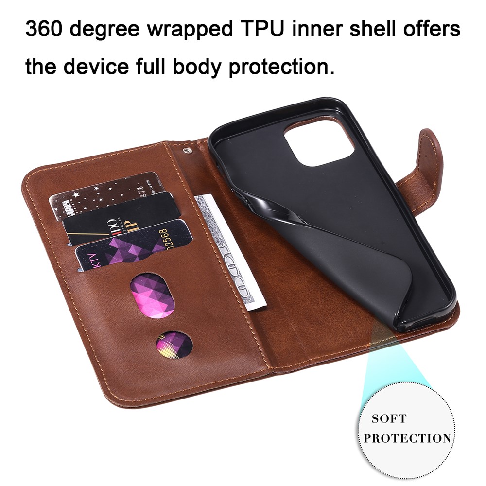Zipper Pocket Leather Protector Wallet Stand Cover for iPhone 12 Pro/12 - Brown-9