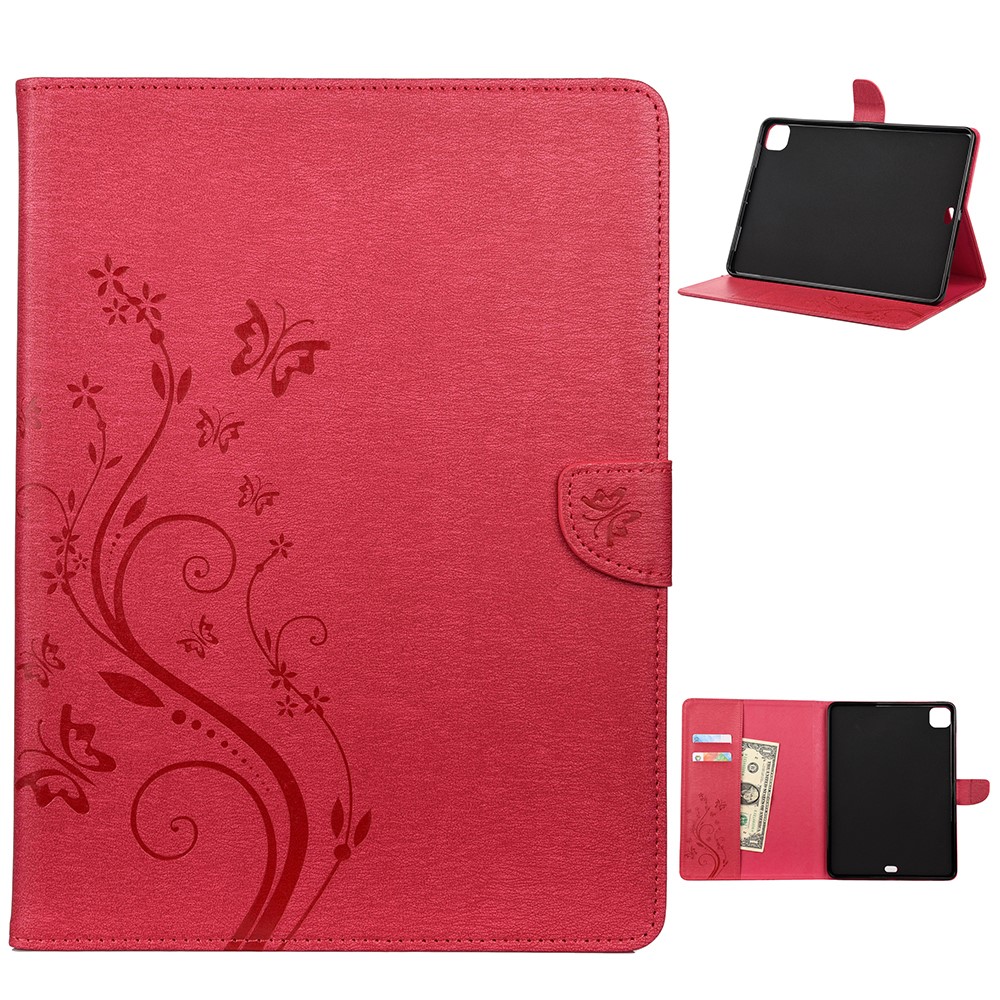 Butterflies Imprint Wallet Stand Flip Leather Tablet Cover for iPad Pro 11-inch (2020)/(2018) - Red-1