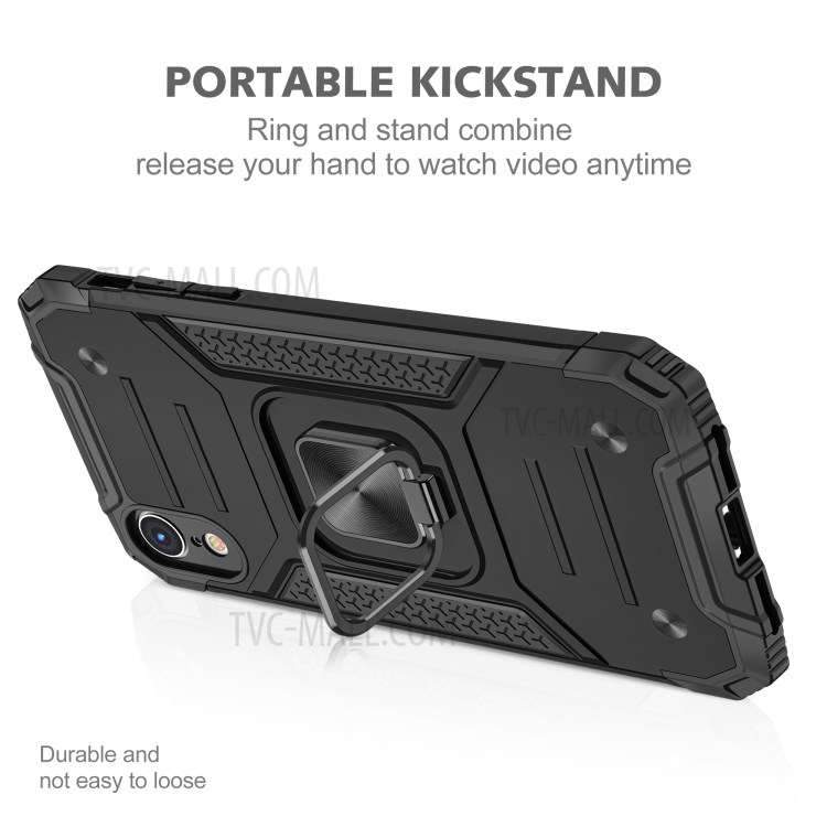 Ringue de Style Armure Kickstand Détachenable TPU + PC Shell Hybride Avec Feuille de Métaux Pour Iphone XR 6,1 Pouces - le Noir