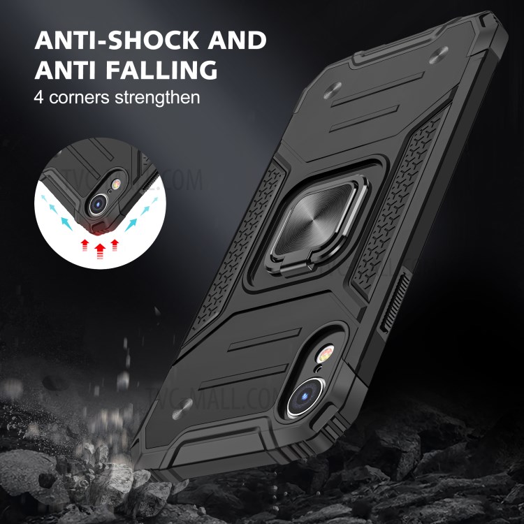 Varilla Híbrida TPU + PC Desmontable Con Anillo de Estilo de Armadura Con Lámina de Metal Para Iphone XR 6.1 Pulgadas - Negro-7