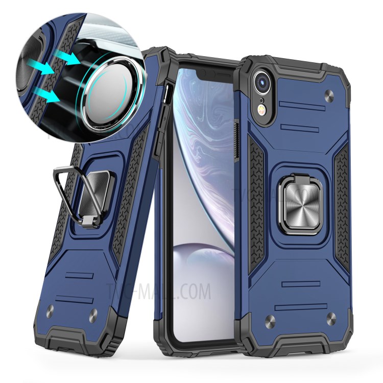 Armor Style Ring Kickstand Detachable TPU + PC Hybrid Shell with Metal Sheet for iPhone XR 6.1 inch - Blue-1