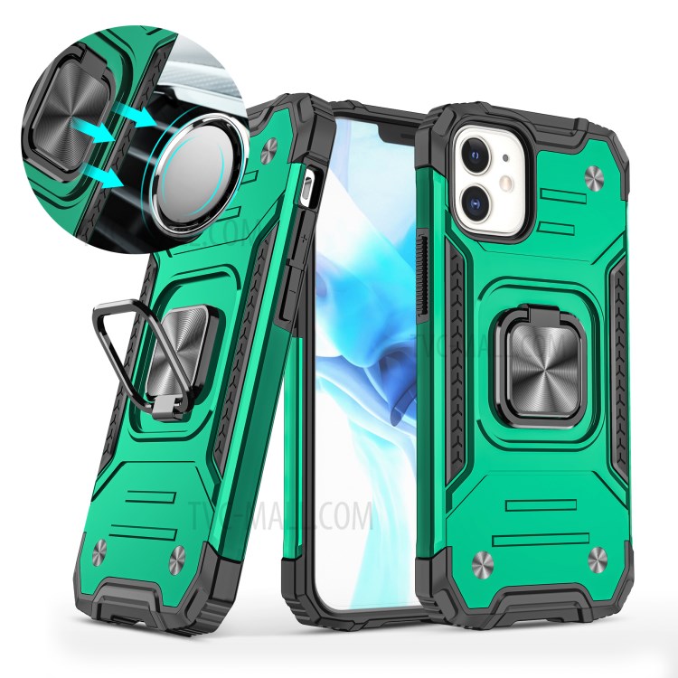 Detachable 2-in-1 Armor Style Kickstand TPU + PC Shell with Metal Sheet for iPhone 12 Pro / iPhone 12 - Dark Green-1