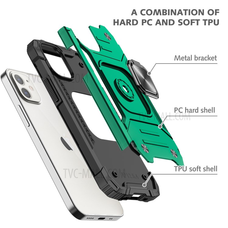 Detachable 2-in-1 Armor Style Kickstand TPU + PC Shell with Metal Sheet for iPhone 12 Pro / iPhone 12 - Dark Green-3