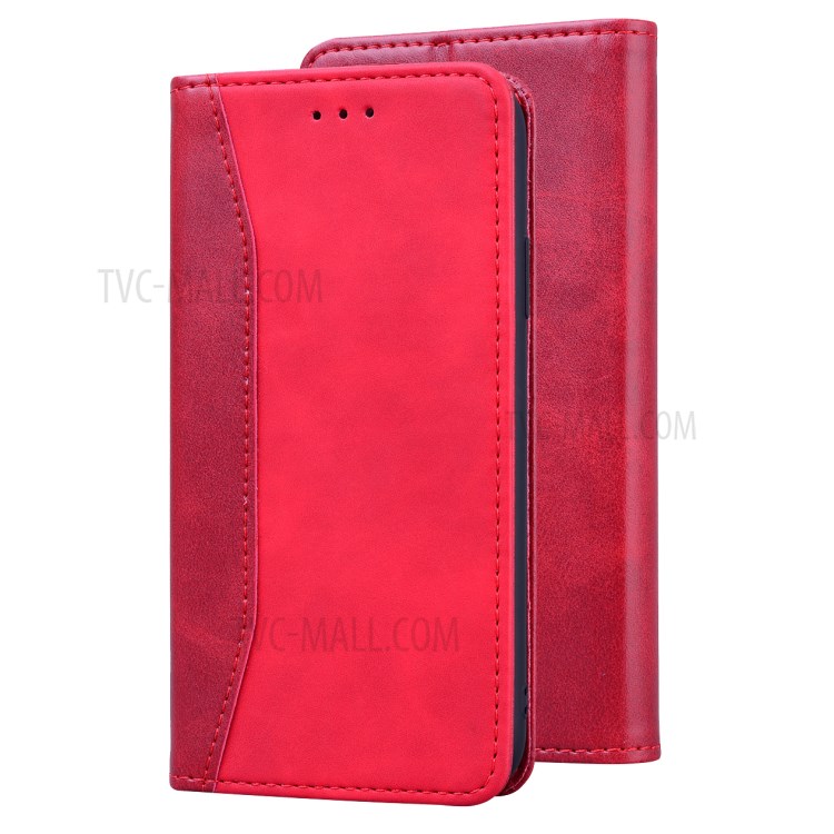 Business Style Splicing Shell Auto-absorbed Leather Case with Card Holder for iPhone 12 Pro/12 - Red-1