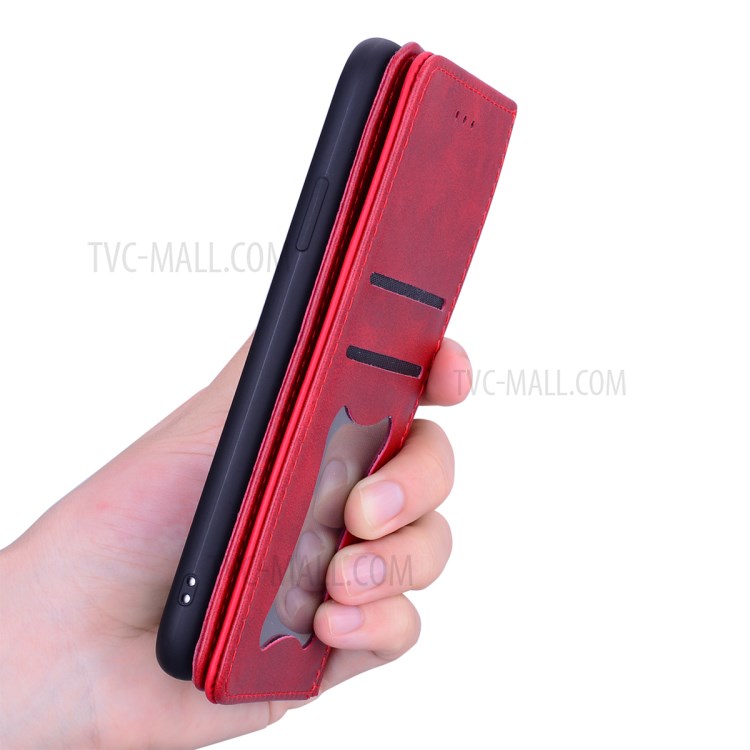 Business Style Splicing Shell Auto-absorbed Leather Case with Card Holder for iPhone 12 Pro/12 - Red-6