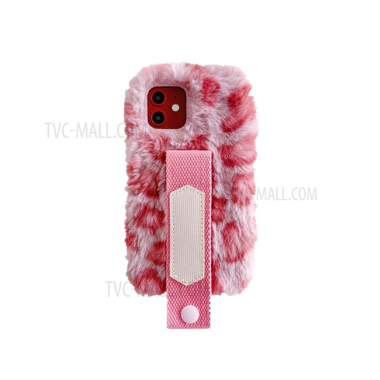 Handy Strap Leopard Style Fur Coated TPU Phone Case for iPhone 12 5.4 inch - Pink-2