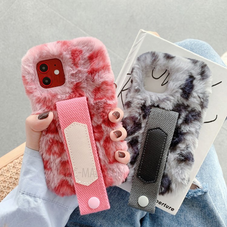 Handy Strap Leopard Style Fur Coated TPU Phone Case for iPhone 12 5.4 inch - Pink-9