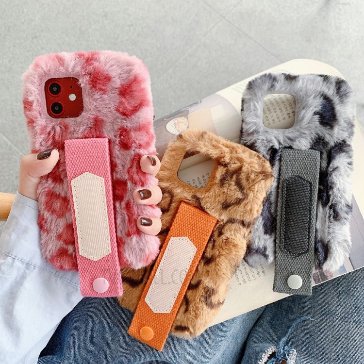 Handy Strap Leopard Style Fur Coated TPU Phone Cover for iPhone 12 Pro Max 6.7 inch - Pink-13