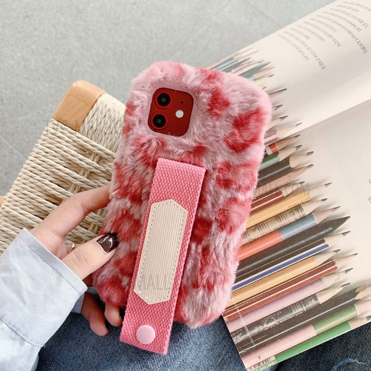 Handy Strap Leopard Style Fur Coated TPU Phone Cover for iPhone 12 Pro Max 6.7 inch - Pink-8