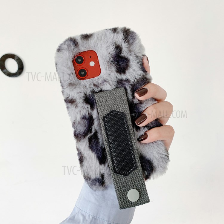 Handy Strap Leopard Style Fur Coated TPU Phone Cover for iPhone 12 Pro Max 6.7 inch - Grey-1