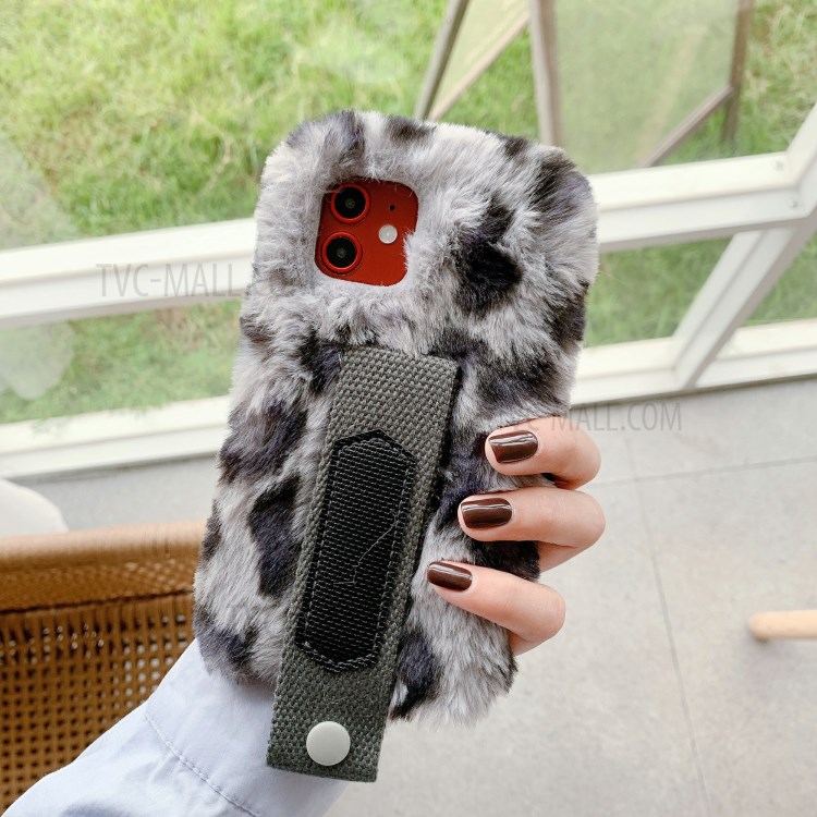 Handy Strap Leopard Style Fur Coated TPU Phone Cover for iPhone 12 Pro Max 6.7 inch - Grey-2
