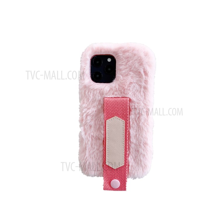 Solid Color Handy Strap Fur Coated TPU Phone Case for iPhone 12 Pro/12 Max 6.1 inch - Pink-2