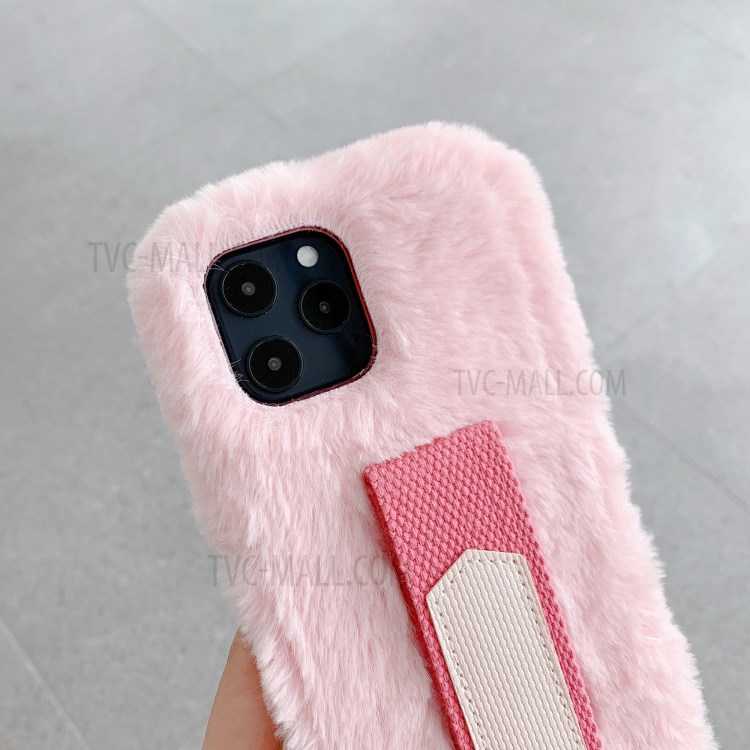 Solid Color Handy Strap Fur Coated TPU Phone Case for iPhone 12 Pro/12 Max 6.1 inch - Pink-4