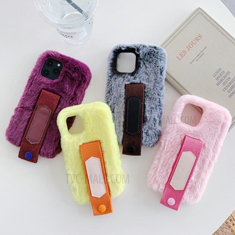 Solid Color Handy Strap Fur Coated TPU Phone Case for iPhone 12 Pro/12 Max 6.1 inch - Pink-9