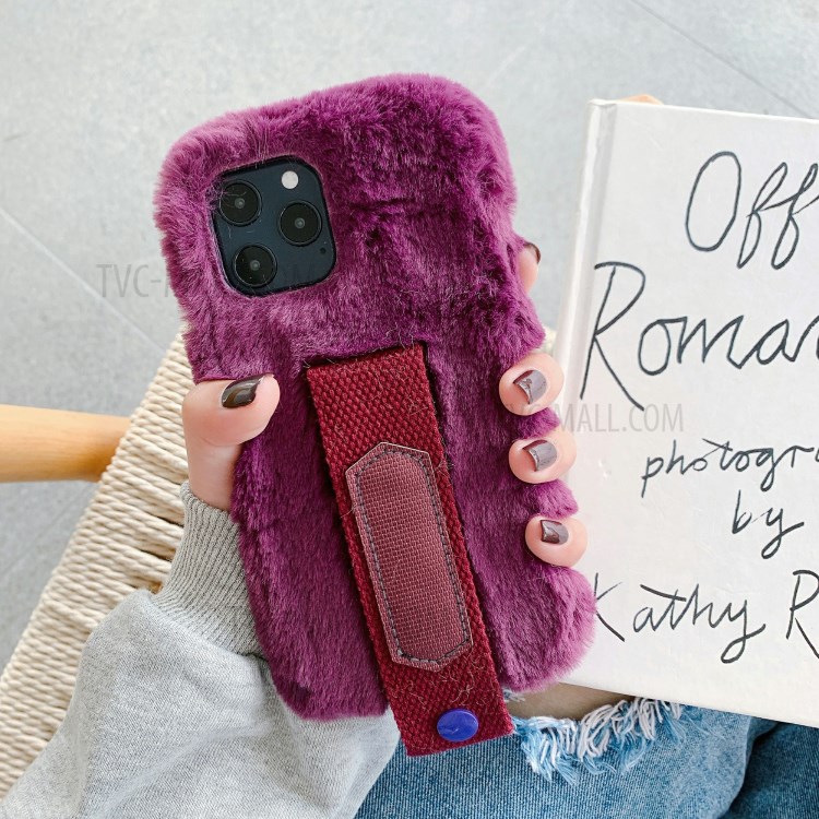 Solid Color Handy Strap Fur Coated TPU Phone Cover for iPhone 12 mini - Rose-1