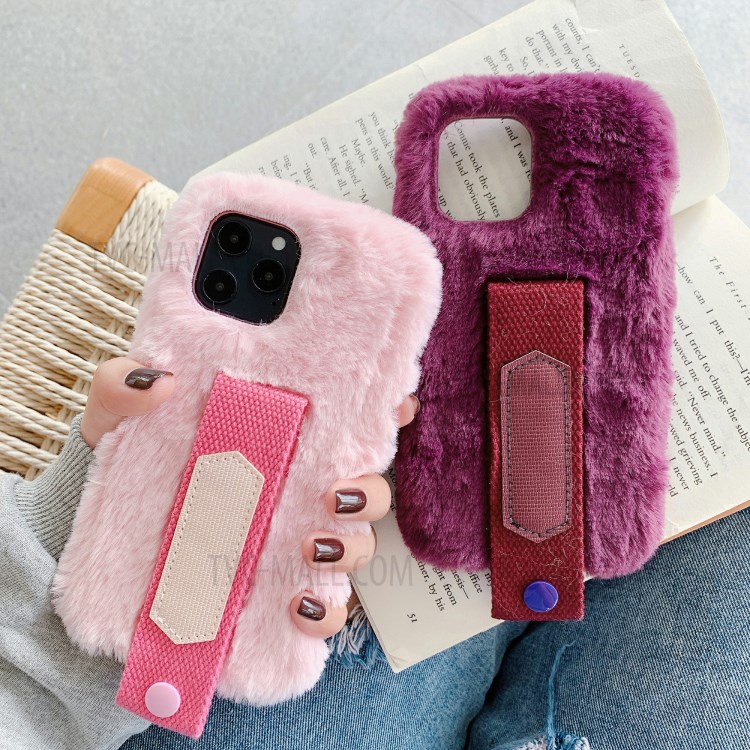 Solid Color Handy Strap Fur Coated TPU Phone Cover for iPhone 12 mini - Rose-2