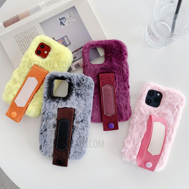 Solid Color Handy Strap Fur Coated TPU Phone Shell for iPhone 12 Pro Max 6.7 inch - Pink-10