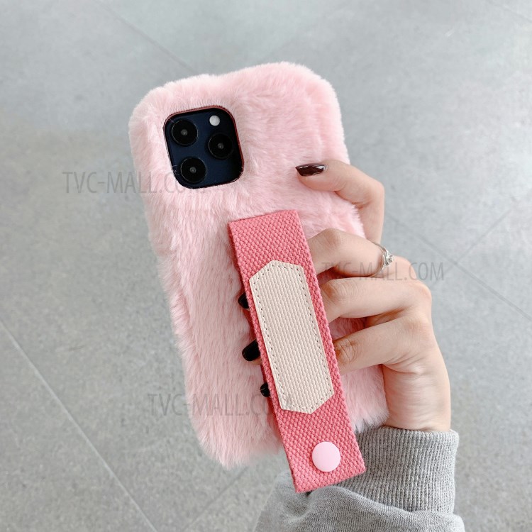 Solid Color Handy Strap Fur Coated TPU Phone Shell for iPhone 12 Pro Max 6.7 inch - Pink-3