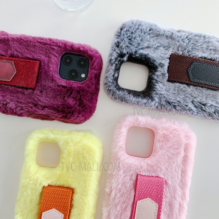 Solid Color Handy Strap Fur Coated TPU Phone Shell for iPhone 12 Pro Max 6.7 inch - Pink-8