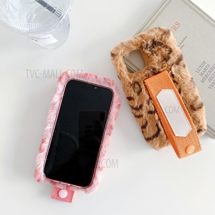 Handy Strap Leopard Style Fur Coated TPU Phone Case for iPhone 12 Pro/12 Max 6.1 inch - Pink-10