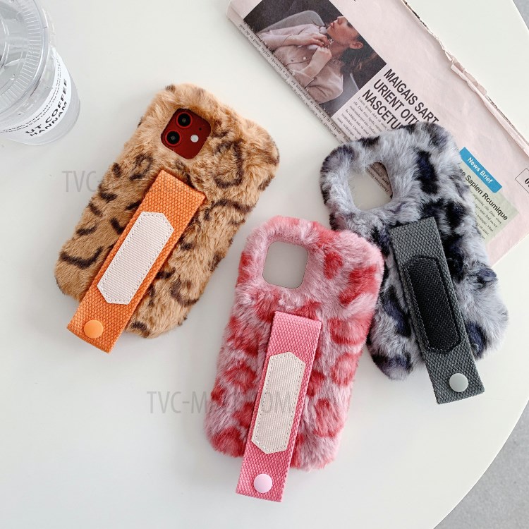 Handy Strap Leopard Style Fur Coated TPU Phone Case for iPhone 12 Pro/12 Max 6.1 inch - Pink-12