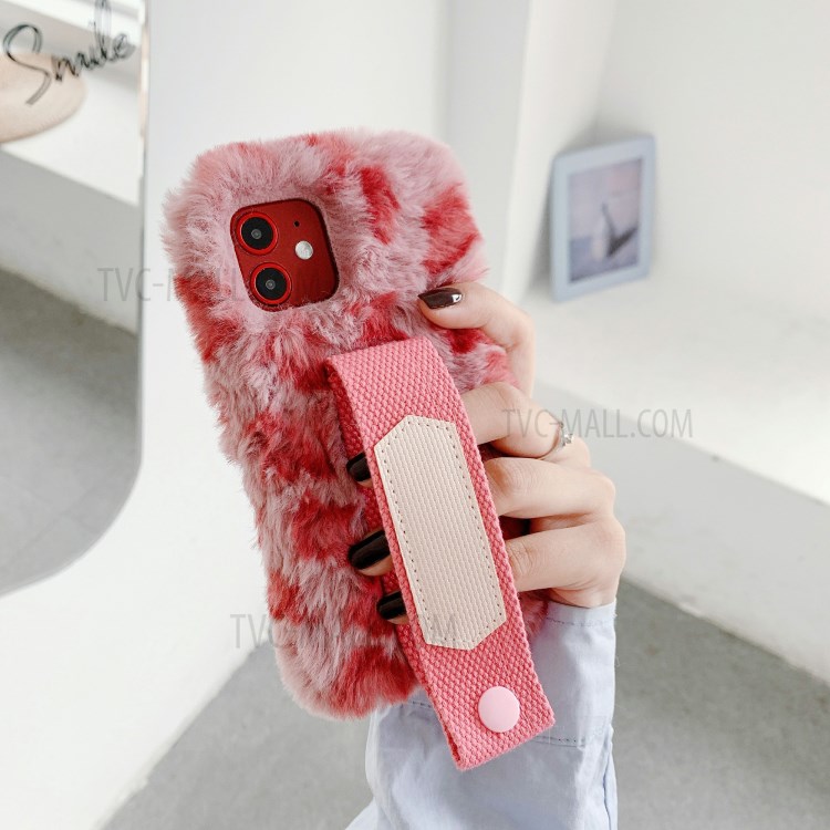 Handy Strap Leopard Style Fur Coated TPU Phone Case for iPhone 12 Pro/12 Max 6.1 inch - Pink-5