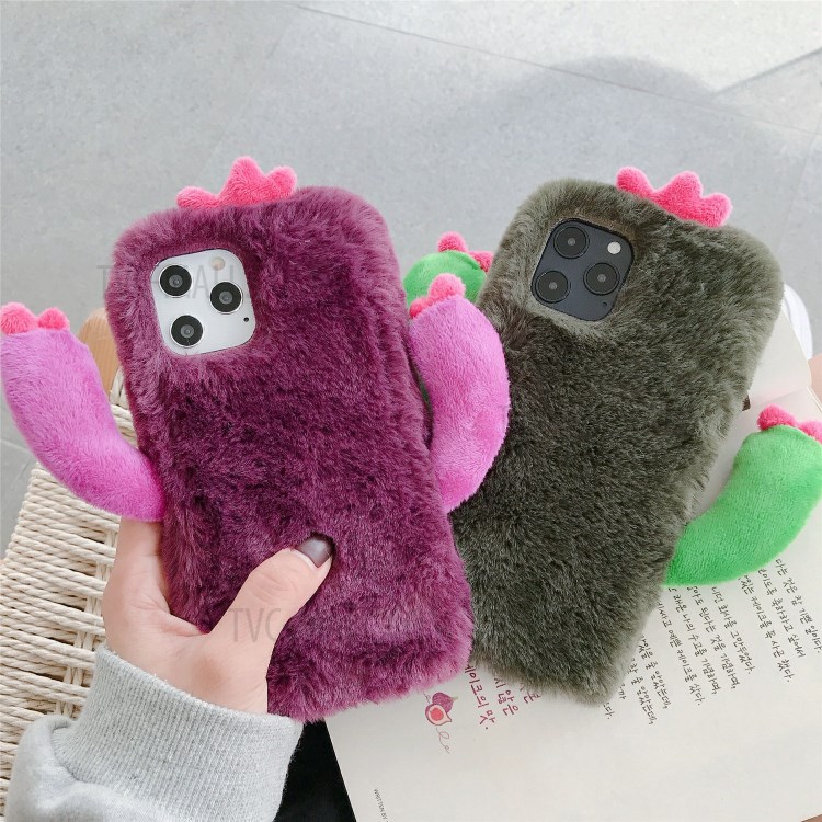 Cactus Style Fur Coated TPU Phone Cover for iPhone 12 - Wine Red-4