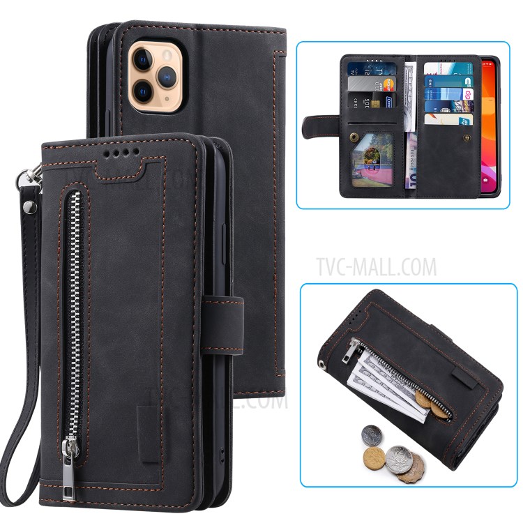 Leather Wallet Zipper Pocket 9 Card Slots Case Cover for iPhone 12 Pro Max 6.7-inch - Black-1