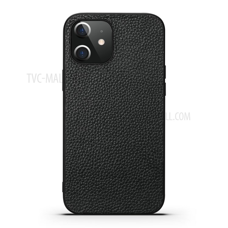 Litchi Texture Genuine Leather Coated TPU Protector Hard Cover for iPhone 12 mini - Black-2