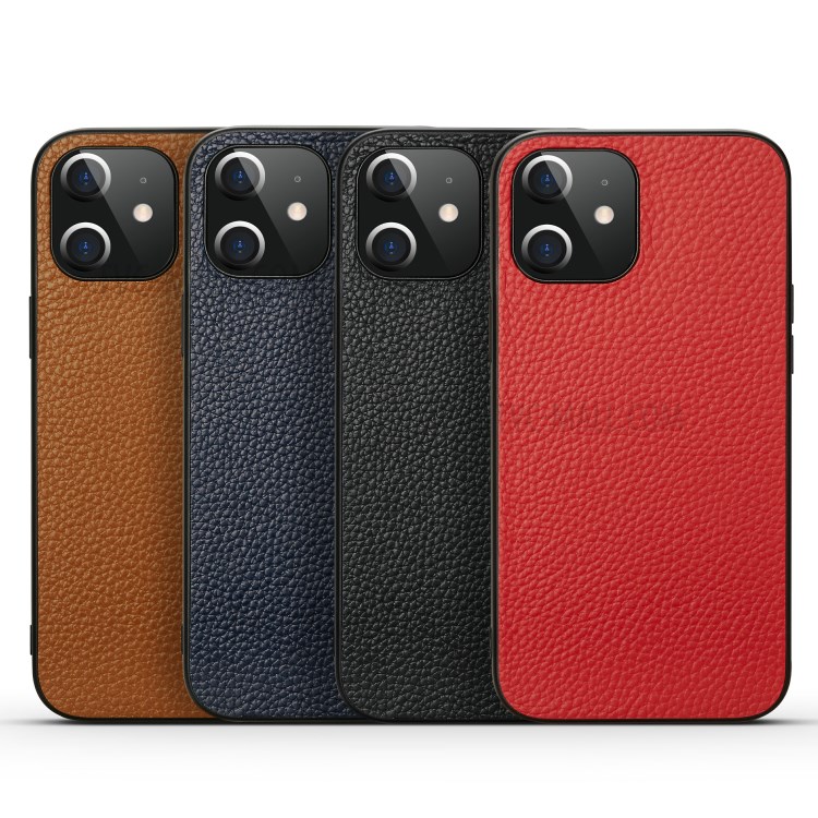 Litchi Texture Genuine Leather Coated TPU Protector Hard Cover for iPhone 12 mini - Black-8