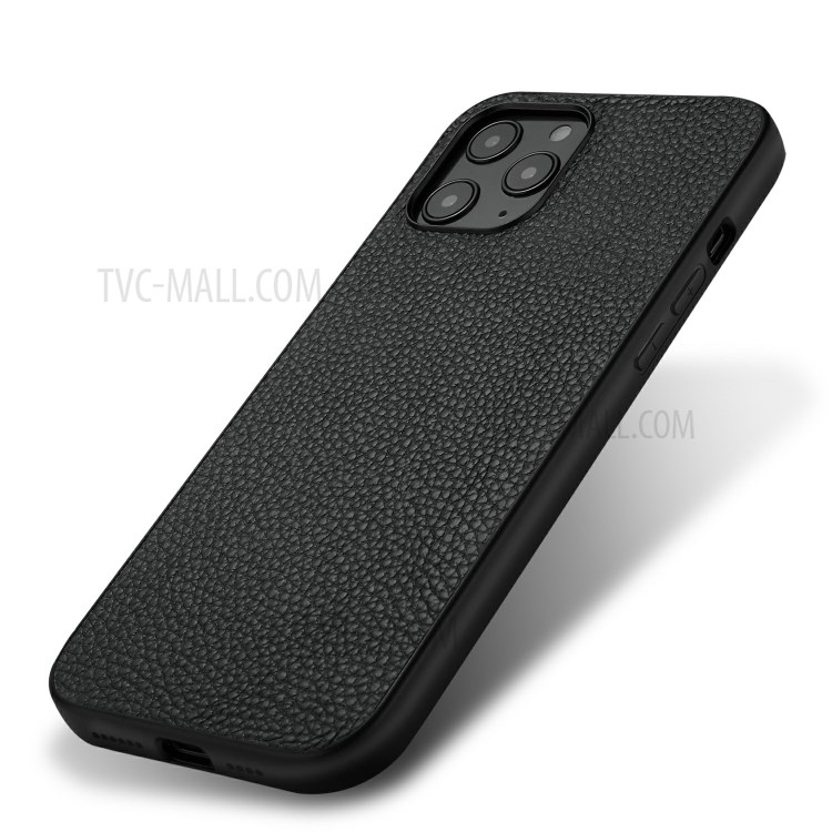 Litchi Texture Genuine Leather Coated TPU Protector Hard Cover for iPhone 12 Pro Max - Black-3