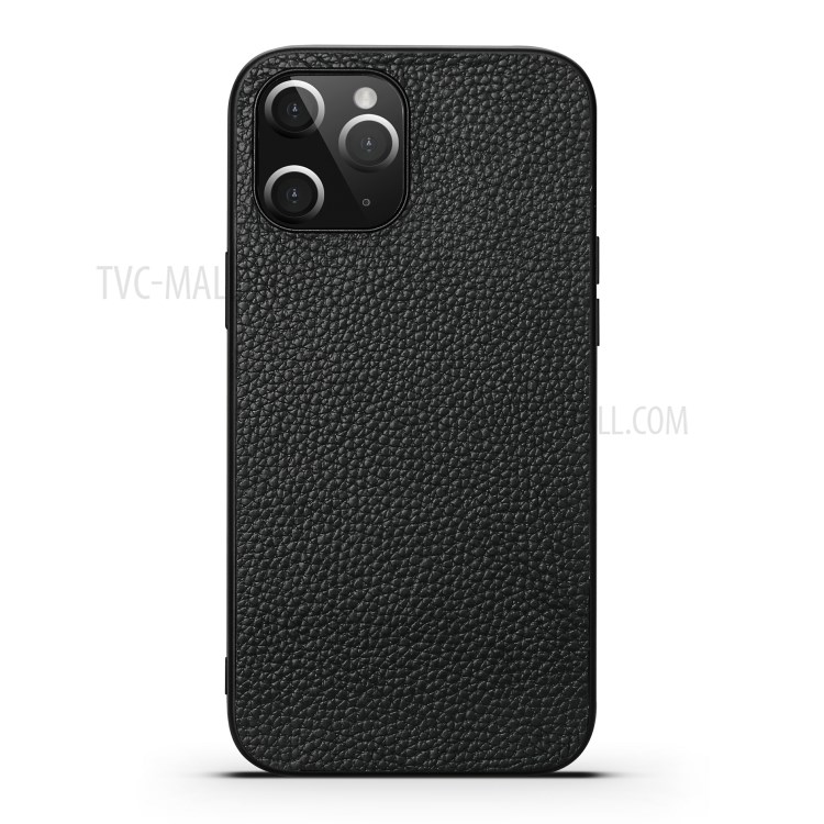 Litchi Texture Genuine Leather Coated TPU Protector Hard Cover for iPhone 12 Pro Max - Black-7