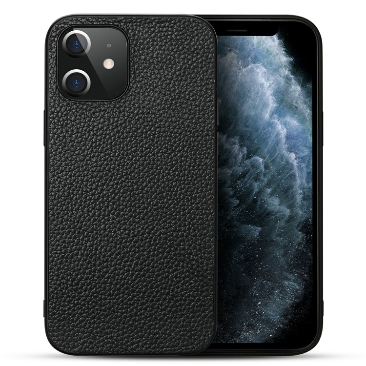 Litchi Texture Genuine Leather Coated TPU Protector Phone Cover for iPhone 12 / iPhone 12 Pro - Black-1