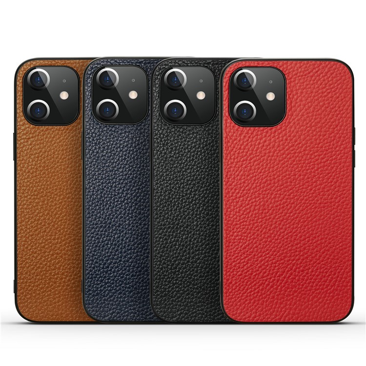 Litchi Texture Genuine Leather Coated TPU Protector Phone Cover for iPhone 12 / iPhone 12 Pro - Black-6