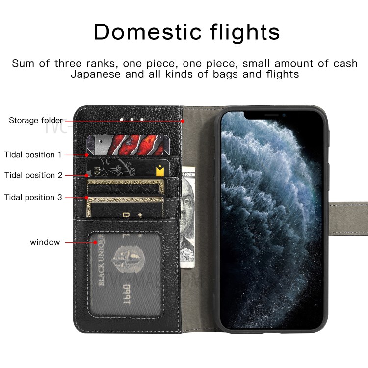 Kaiyue Litchi Texture Couverture Véritable Téléphone Porte-monnaie En Cuir Pour IPhone 11 Pro 5,8 Pouces - Noir-2