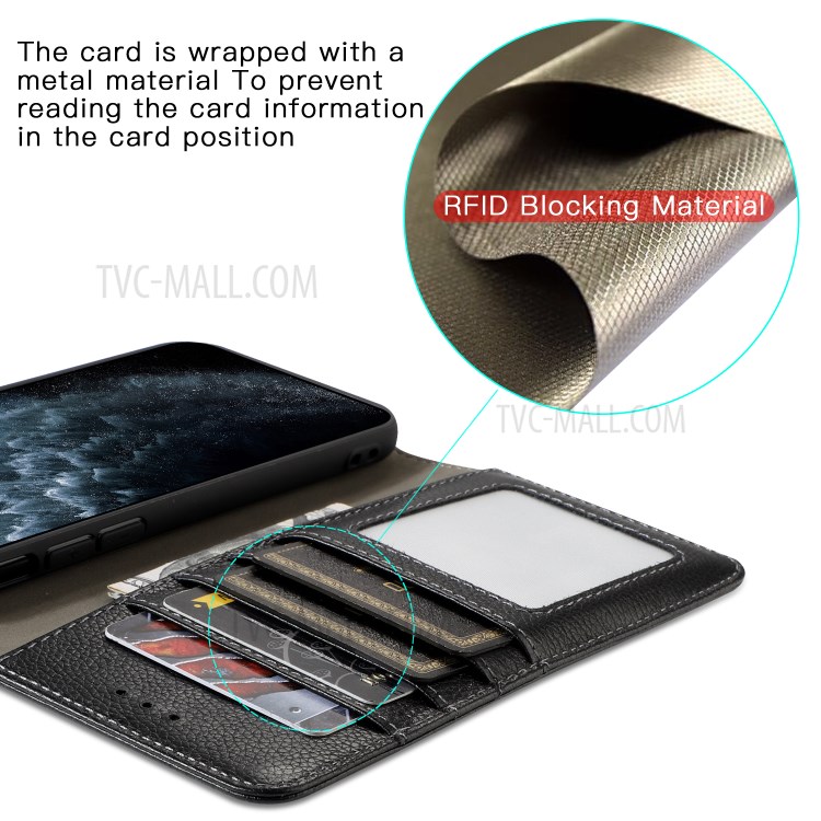 Kaiyue Litchi Texture Couverture Véritable Téléphone Porte-monnaie En Cuir Pour IPhone 11 Pro 5,8 Pouces - Noir-3