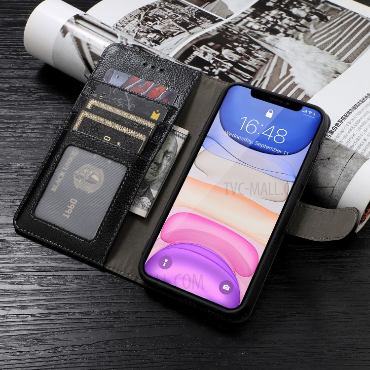 Kaiyue Litchi Texture Couverture Véritable Téléphone Porte-monnaie En Cuir Pour IPhone 11 Pro 5,8 Pouces - Noir-8