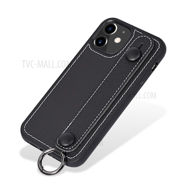 With Strap Kickstand TPU+Genuine Leather Shell for iPhone 11 6.1 inch - Black-1