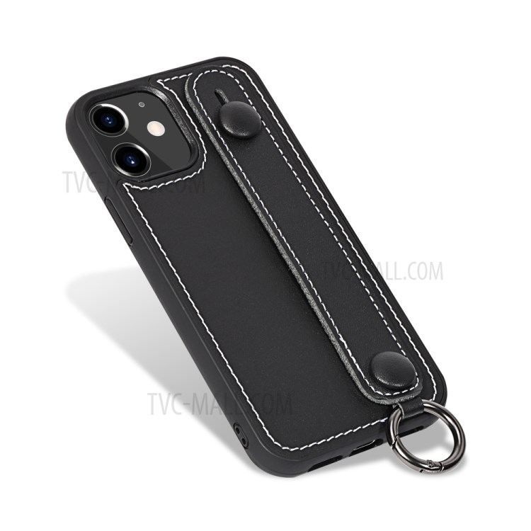 With Strap Kickstand TPU+Genuine Leather Shell for iPhone 11 6.1 inch - Black-3