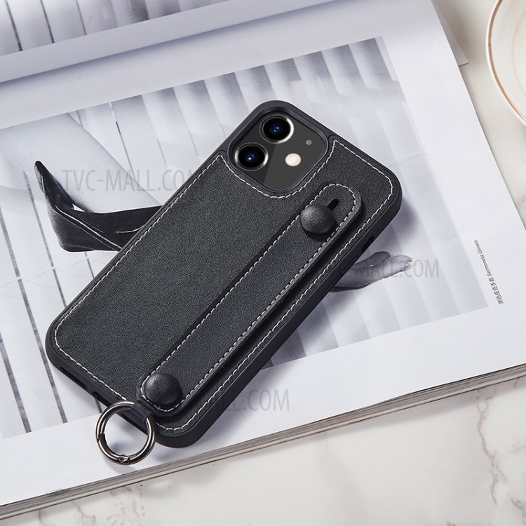 With Strap Kickstand TPU+Genuine Leather Shell for iPhone 11 6.1 inch - Black-8