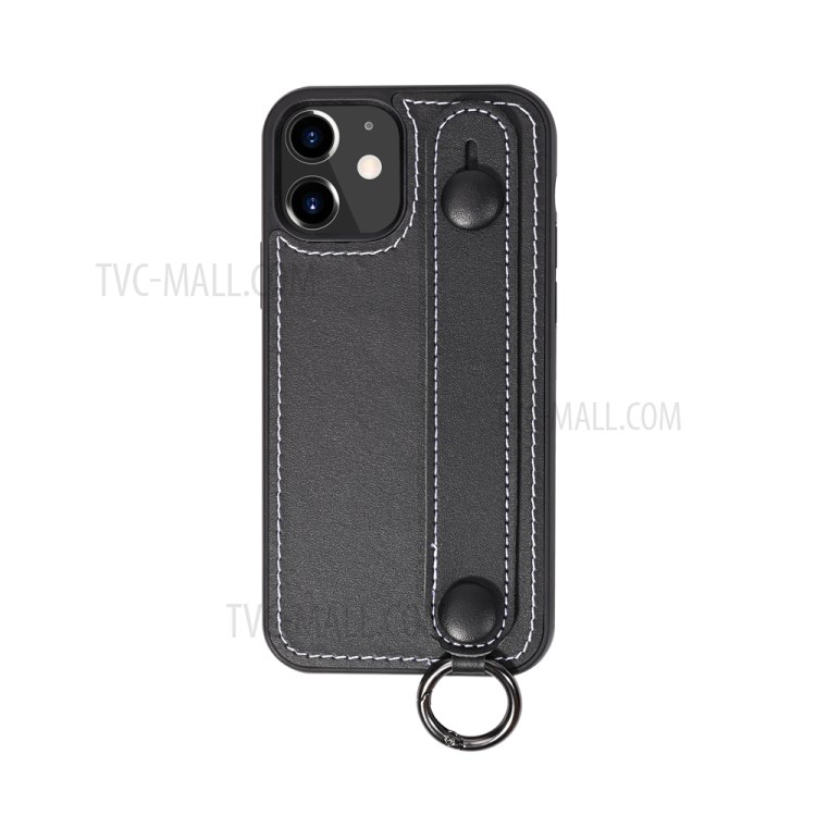 TPU+Genuine Leather Phone Case Shell with Strap Kickstand for iPhone 12 mini - Black-2