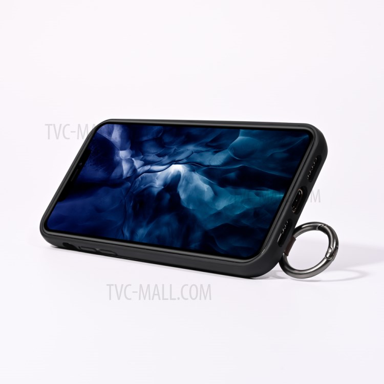 TPU+Genuine Leather Phone Case Shell with Strap Kickstand for iPhone 12 mini - Black-5