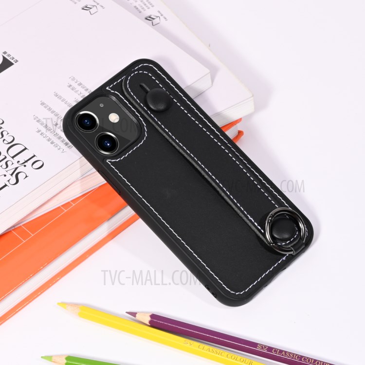 TPU+Genuine Leather Phone Case Shell with Strap Kickstand for iPhone 12 mini - Black-7