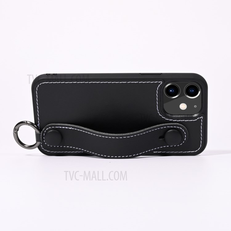 TPU+Genuine Leather Phone Case Shell with Strap Kickstand for iPhone 12 Pro / iPhone 12 - Black-4